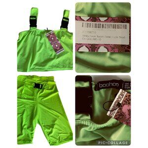 Boo Hoo 2 Piece Shorts Crop Top Womens Sz 6 Small Lime Green Buckle Detail New
